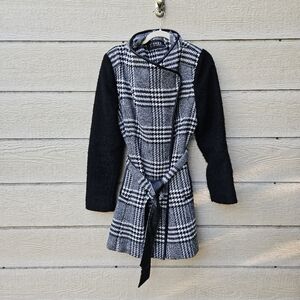 Guess black and white plaid belted wool-blend mid-length coat XXL